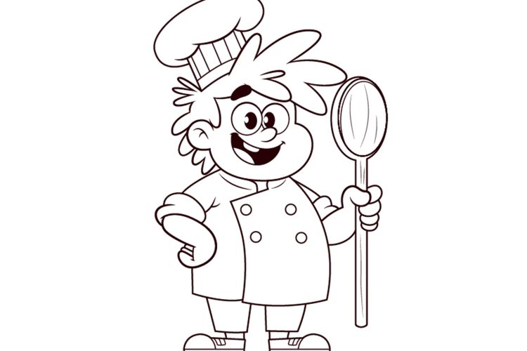 Cute cartoon chef outline PNG with a transparent background, perfect for kids' coloring activities and digital artwork. Free to download and use