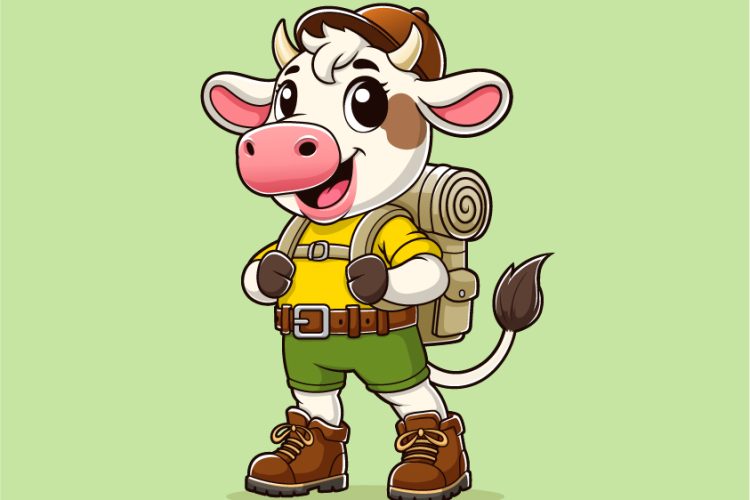 Happy cartoon mountaineer cow