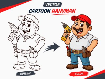 Funny Handyman Cartoon Character Editable Vector Illustration for Coloring Book