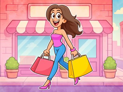 Shopping Girl Cartoon – High-Quality Transparent PNG + Vector Illustration Download