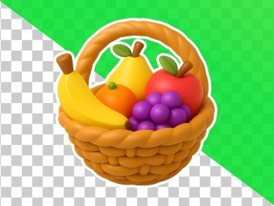 3D Cartoon Fruit Basket Icon onTransparent Background