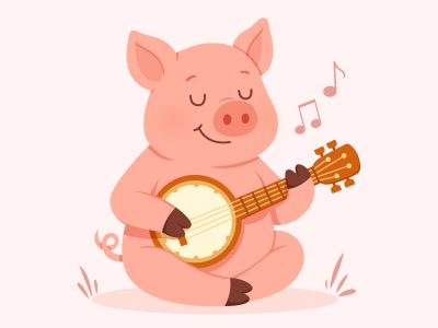 Cartoon Pig Playing Music Minimal Flat Illustration