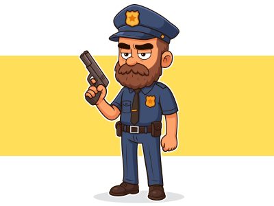 Serious Police Officer Cartoon Vector Illustration Holding Gun