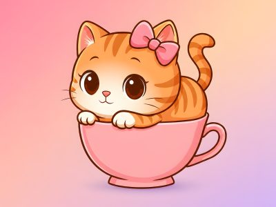 Cute Kitty Cartoon in Teacup Vector Illustration