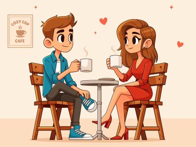 Romantic Couple Cartoon Coffee Date Vector Illustration