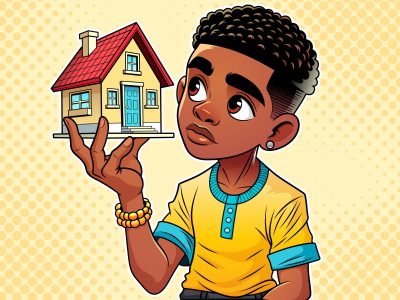 Cartoon boy with small house vector illustration in comic style