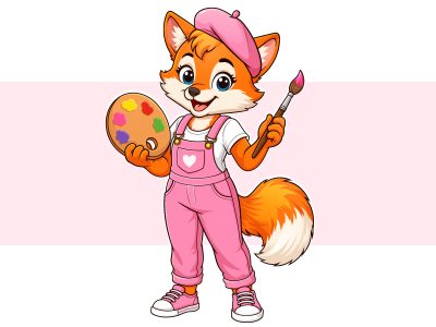 Fox Girl Artist Cartoon with Paintbrush in Vector Style