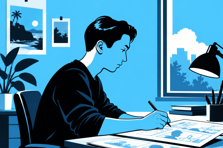 R. Kikuo Johnson drawing comic illustrations at his desk in a minimalist blue and black cartoon style, digital artist at work. Is this conversation helpful so far?
