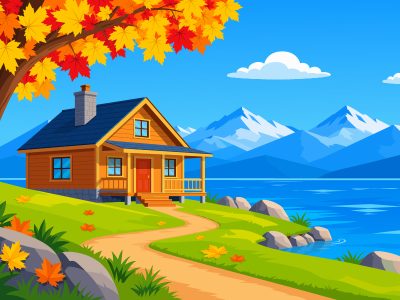 Cartoon Lake Cabin Illustration in Vector Style